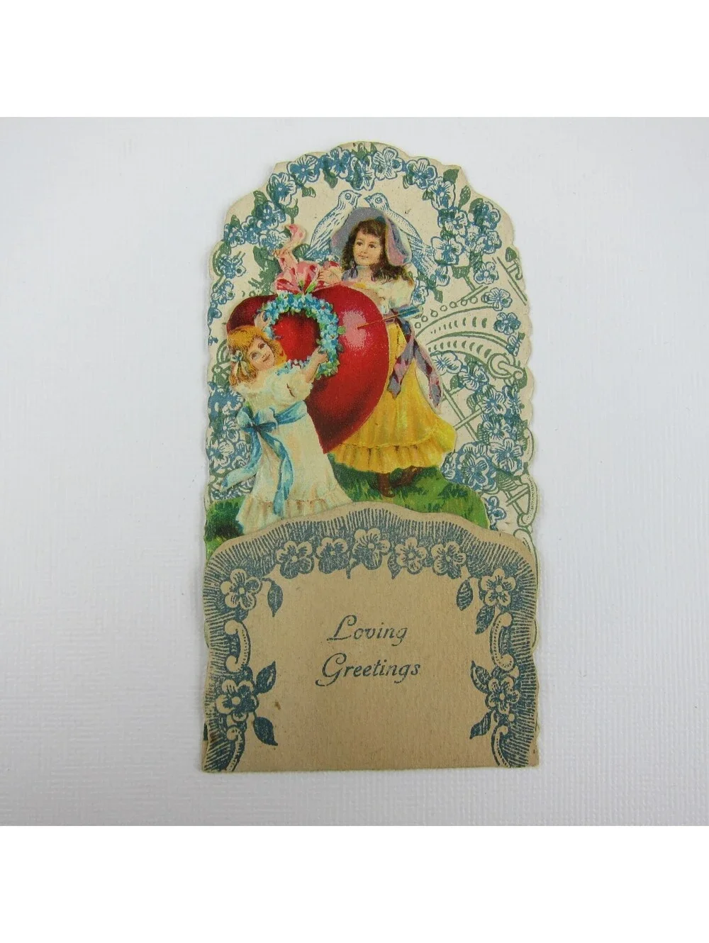 Vintage Valentine 3D Pop Up Die Cut Girls Red Heart Arrow Blue Flowers & Doves